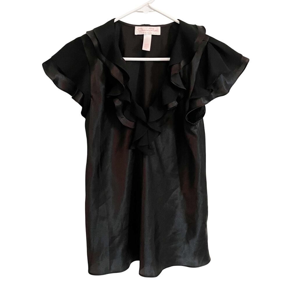 Oscar De La Renta Black Ruffle Neck Pink Label Top Pijama SZ  Medium
